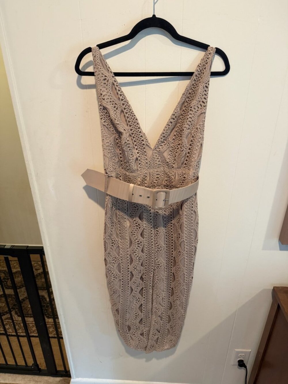 ASOS Belted Lace Midi Dress in Taupe, Size 8